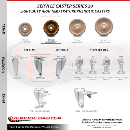 Service Caster 4 Inch High Temp Phenolic Wheel Swivel Top Plate Caster SCC-20S414-PHRHT